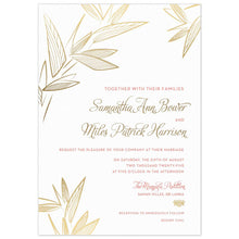 Load image into Gallery viewer, White invitation with modern leaves on the top corners and bottom left corner. Pink block font and gold script font right aligned with a gold Thai flourish.