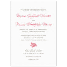 Load image into Gallery viewer, Simple invitation with block and script font in coral and pewter. A small coral flourish separates information at the bottom half of the card.