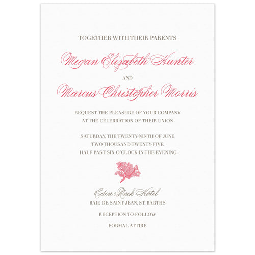 Simple invitation with block and script font in coral and pewter. A small coral flourish separates information at the bottom half of the card. 