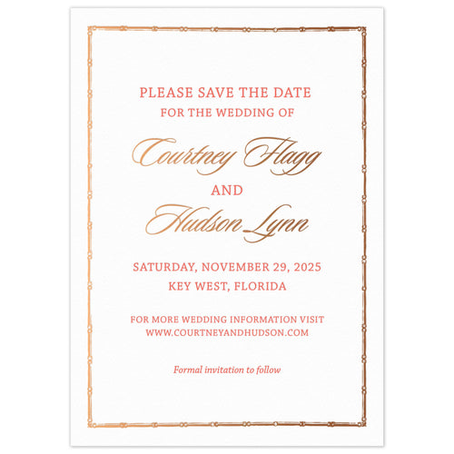 Bamboo border in copper foil, block and script font in coral and copper foil centered on the card.