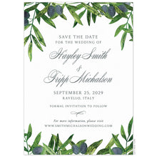 Load image into Gallery viewer, White save the date car with watercolor olives and branches on the top and bottom. Block and script font centered on the page.