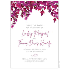 Load image into Gallery viewer, Watercolor bougainvillea flowers falling from the top of the save the date card. Grey and pink save the date text centered on the white card.