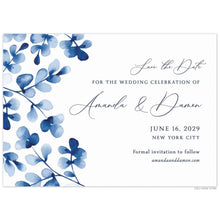 Load image into Gallery viewer, Blue watercolor leaves on the left side. Block and script font in navy centered on a white invitation.