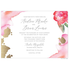 Load image into Gallery viewer, White invitation with pink watercolor spots, a pink watercolor flower shape, gold splotches on the sides, grey san-serif and script font.