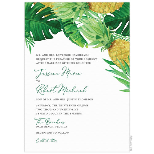 Watercolor troptical plants and pineapple on the top of the card. Grey and green block and script font left aligned under the watercolor. 