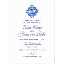 Load image into Gallery viewer, Blue watercolor tile motif at the top of the card. Blue block and script font centered on a white card.