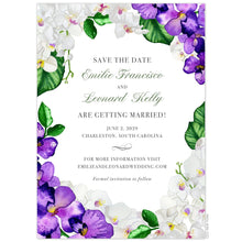 Load image into Gallery viewer, Purple and white watercolor orchids with green leaves surrounding all edges of the white card. Block and script copy centered on the card.
