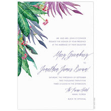 Load image into Gallery viewer, Purple, green and pink watercolor tropical plants on the left side of the save the date. Block and script copy in periwinkle right aligned.