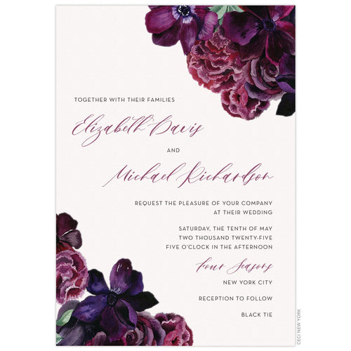 Deep purple and maroon watercolor florals in the top right corner and bottom left corner. Block and script font centered on the page.