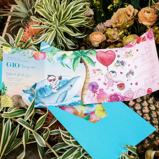 Gio's Tropical First Birthday Invitation With Vibrant Watercolor Elements