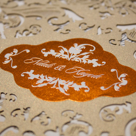 Regal Laser-Cut Opulent Wedding Invitations with Golden Accents