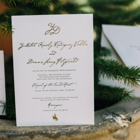 Rustic Elegant Invitations with Gold Foil and Whimsical Cowboy Detailing