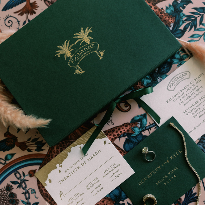 A Forest Green Boxed Invitation with gold foil for A chic Wedding in st. Barths