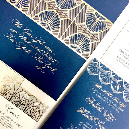 Blue and gold deco inspired wedding invitations