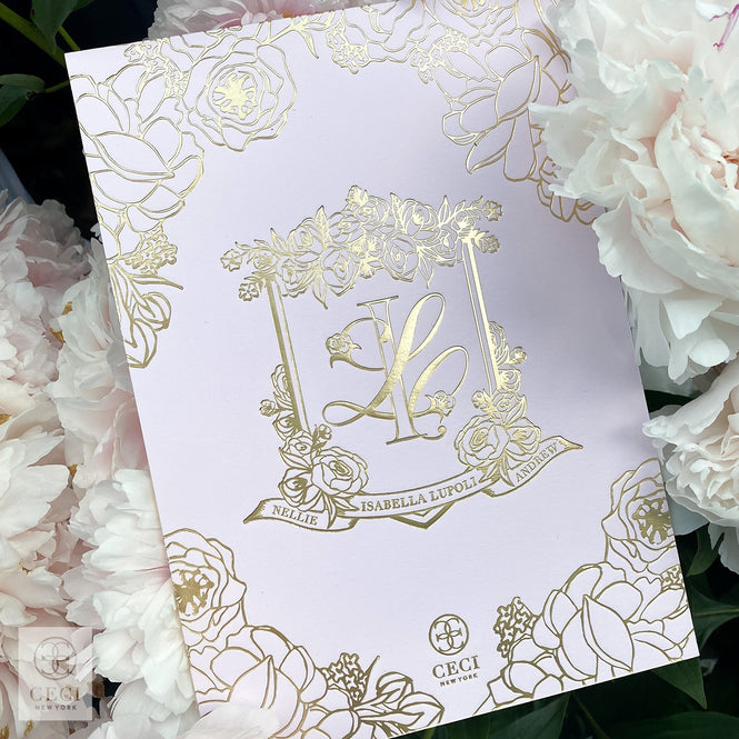 An Elegant Garden Baby Shower Invitation With A Custom Gold Crest