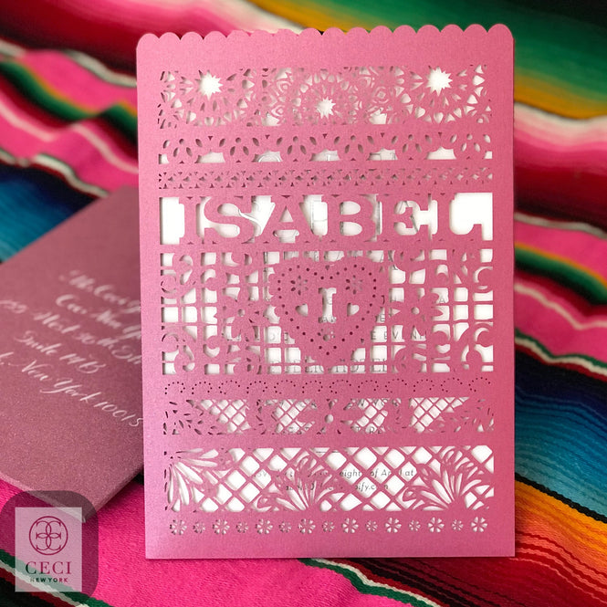 A Pink Glitter Quinceañera Invitation With Lasercut Sleeve And Mexican Inspired Design