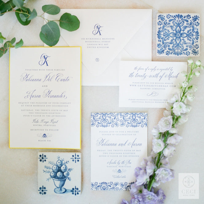 A Modern Watercolor Patterned Invitation Inspired By Old World Portuguese Tiles