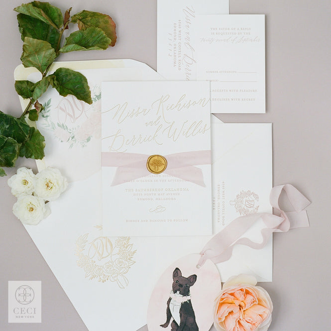 A Nature Inspired Invitation With A Hand Drawn Crest And Wood Grain Patterning