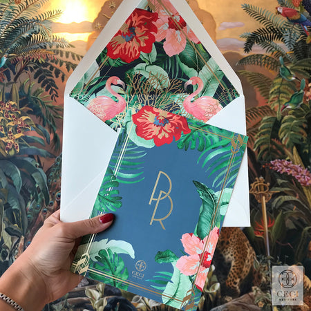Art Deco Glam Invitation With Faena Mural Inspired Tropical Watercolor