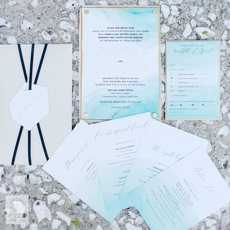 Teal Watercolor Dip Dyed Invitation With Linen and Hand Painted Gold Edges
