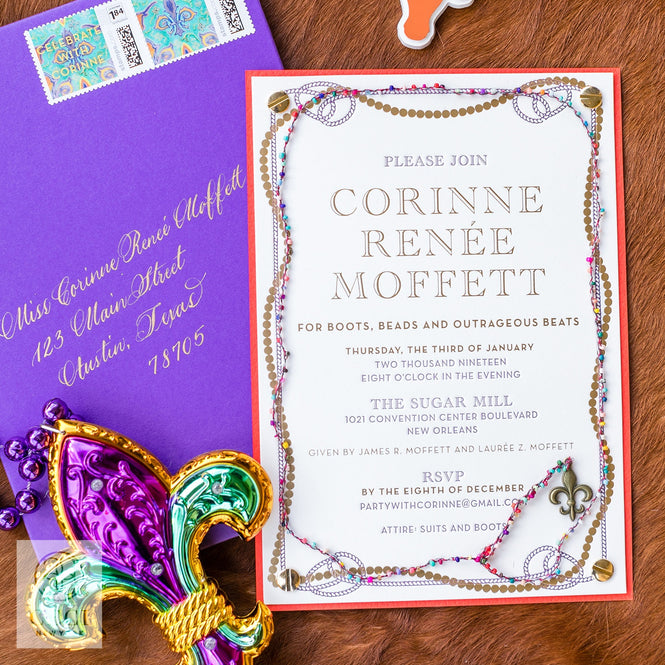 A "Boots and Beads" Invitation for a Debutante Party in New Orleans, Louisiana