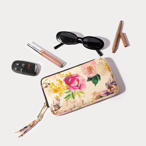 Top Grain Leather Expanded Zip Pouch in Ceci Ivory Floral/Gold