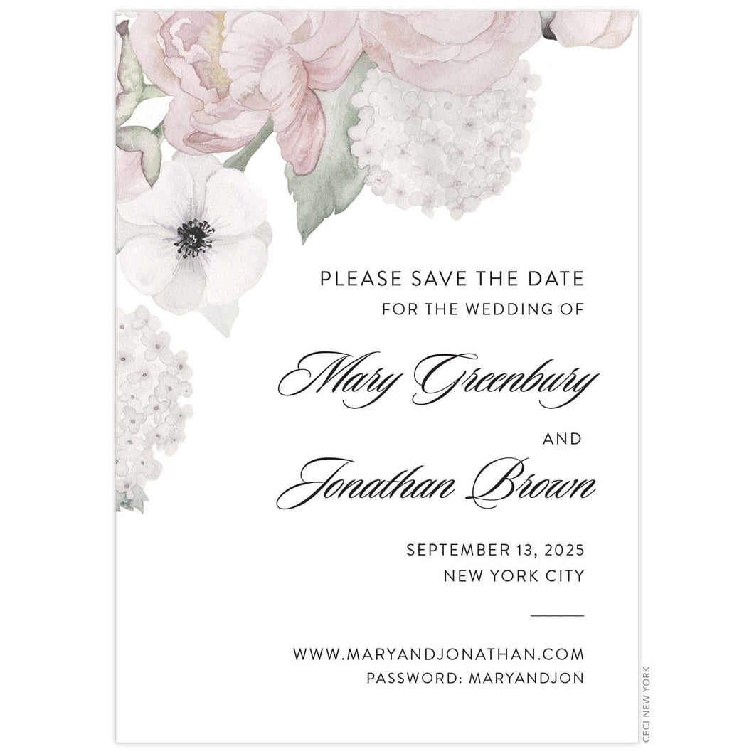 White, blush, cream and soft green watercolor florals in the top left corner of the white card. Black block and script font and simple line flourish right aligned on the bottom right corner of the card.