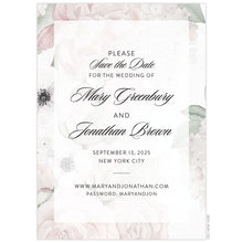 Load image into Gallery viewer, Blush, cream and green watercolor florals covering the entire card. White sheer rectangle box holding black block and script copy centered on the page.