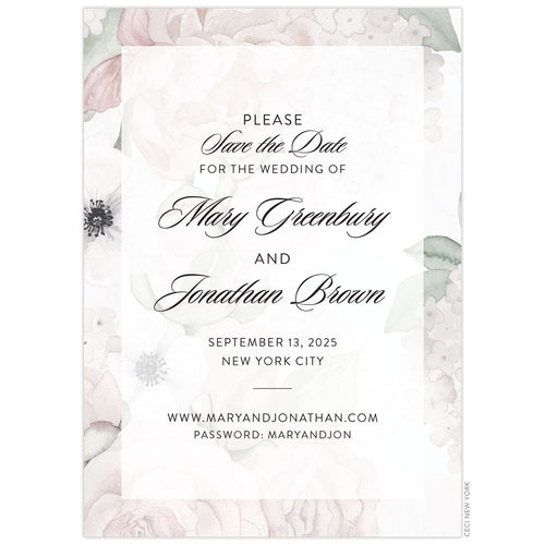 Blush, cream and green watercolor florals covering the entire card. White sheer rectangle box holding black block and script copy centered on the page.