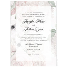 Load image into Gallery viewer, Blush, cream and green watercolor florals covering the entire card. White sheer rectangle box holding black block and script copy centered on the page.