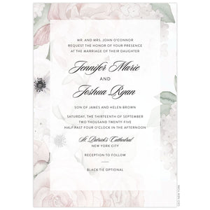 Blush, cream and green watercolor florals covering the entire card. White sheer rectangle box holding black block and script copy centered on the page.