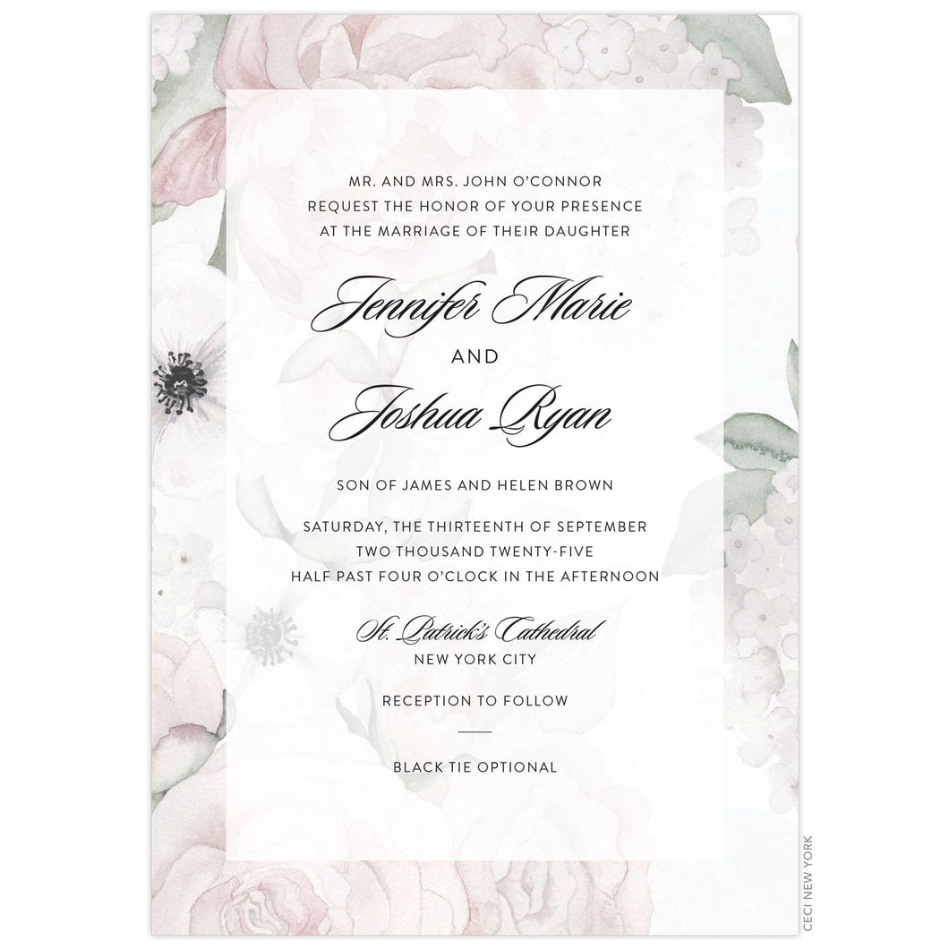 Blush, cream and green watercolor florals covering the entire card. White sheer rectangle box holding black block and script copy centered on the page.