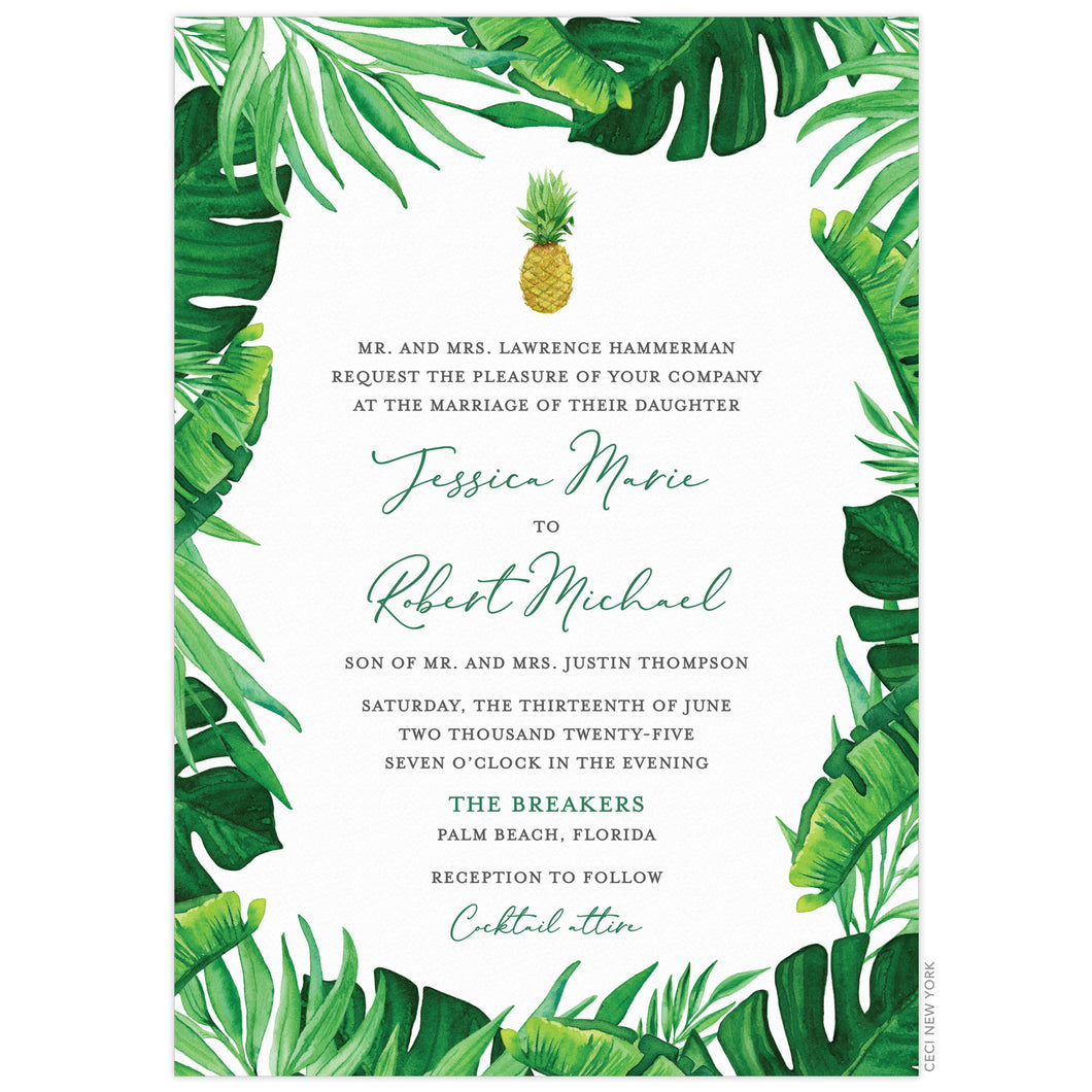 Watercolor tropical leaves bordering the white card. Small watercolor pineapple on top of grey block copy and green script font. 