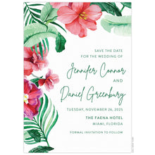 Load image into Gallery viewer, White card with watercolor pink hibiscus flowers and tropical leaves drapping the top and left side of the card. Block and script green copy right aligned. 