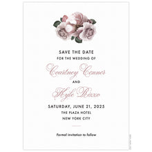 Load image into Gallery viewer, Dusty blush watercolor flower motif at the top of the page. Black block and dusty mauve script centered on a white card.