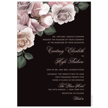 Load image into Gallery viewer, Black save the date with blush and rose watercolor flowers in the top left corner. Rose colored block and script text right aligned on the card.