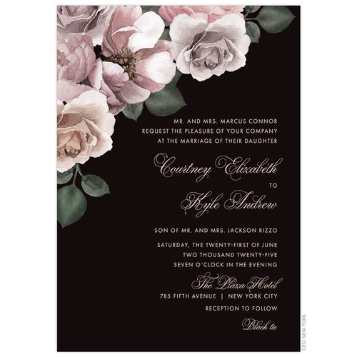 Black save the date with blush and rose watercolor flowers in the top left corner. Rose colored block and script text right aligned on the card.