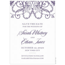 Load image into Gallery viewer, Floral garland design in purple at the top of the page. Block and script font centered on the white page under the design.