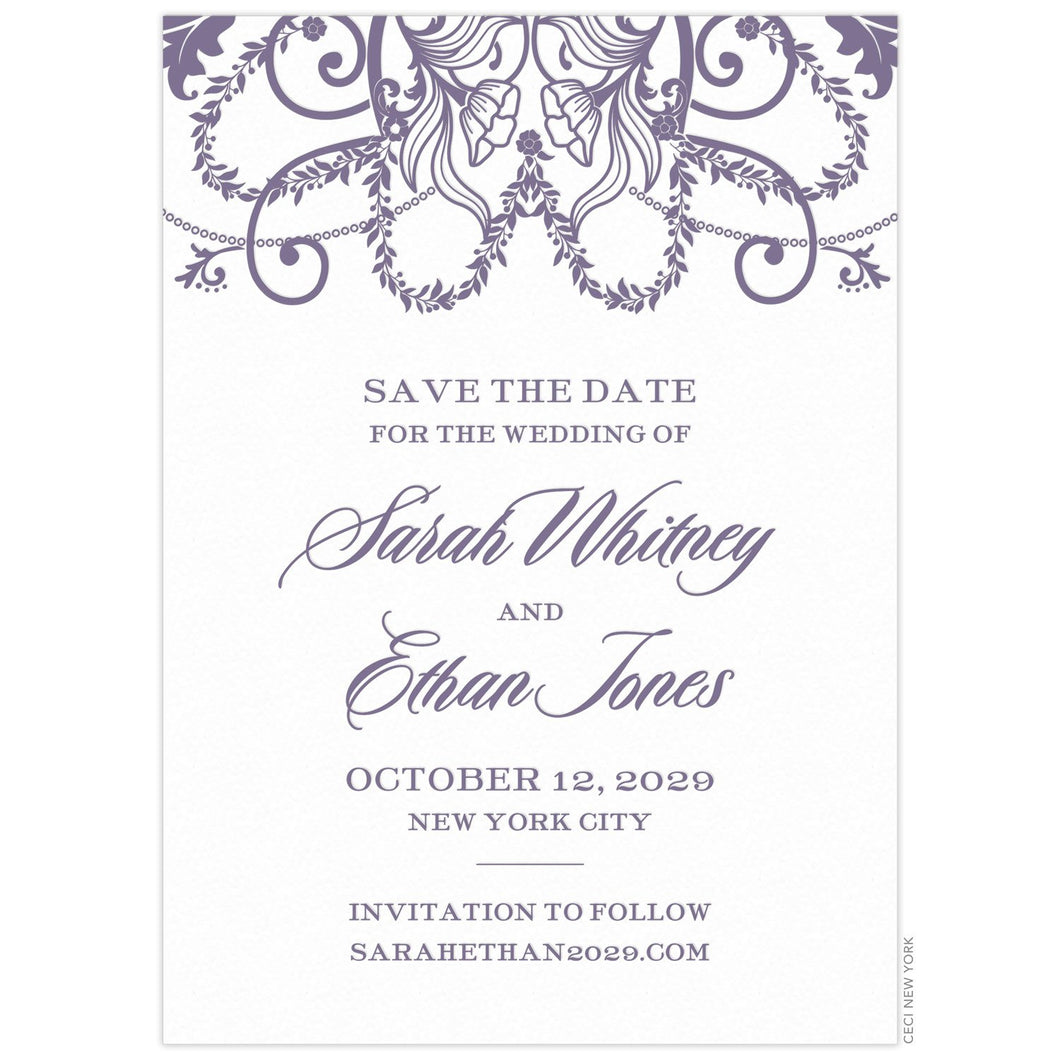 Floral garland design in purple at the top of the page. Block and script font centered on the white page under the design.