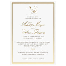 Load image into Gallery viewer, Simple save the date with a double line border. Block pewter and gold script font centered on the page. Block initials and script ampersand monogram at the top of the card.