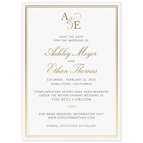 Simple save the date with a double line border. Block pewter and gold script font centered on the page. Block initials and script ampersand monogram at the top of the card.