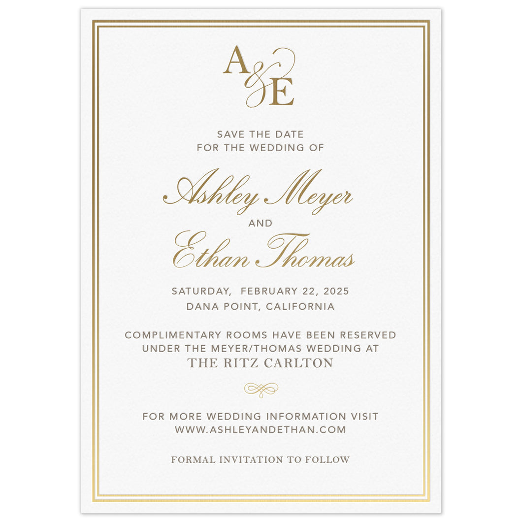 Simple save the date with a double line border. Block pewter and gold script font centered on the page. Block initials and script ampersand monogram at the top of the card.