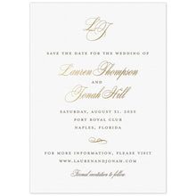 Load image into Gallery viewer, White card with block and script font centered on the page in pewter and gold. Script monogram centered on the top of the card.