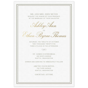 Simple invitation with a double line border. Block pewter and gold script font centered on the page.