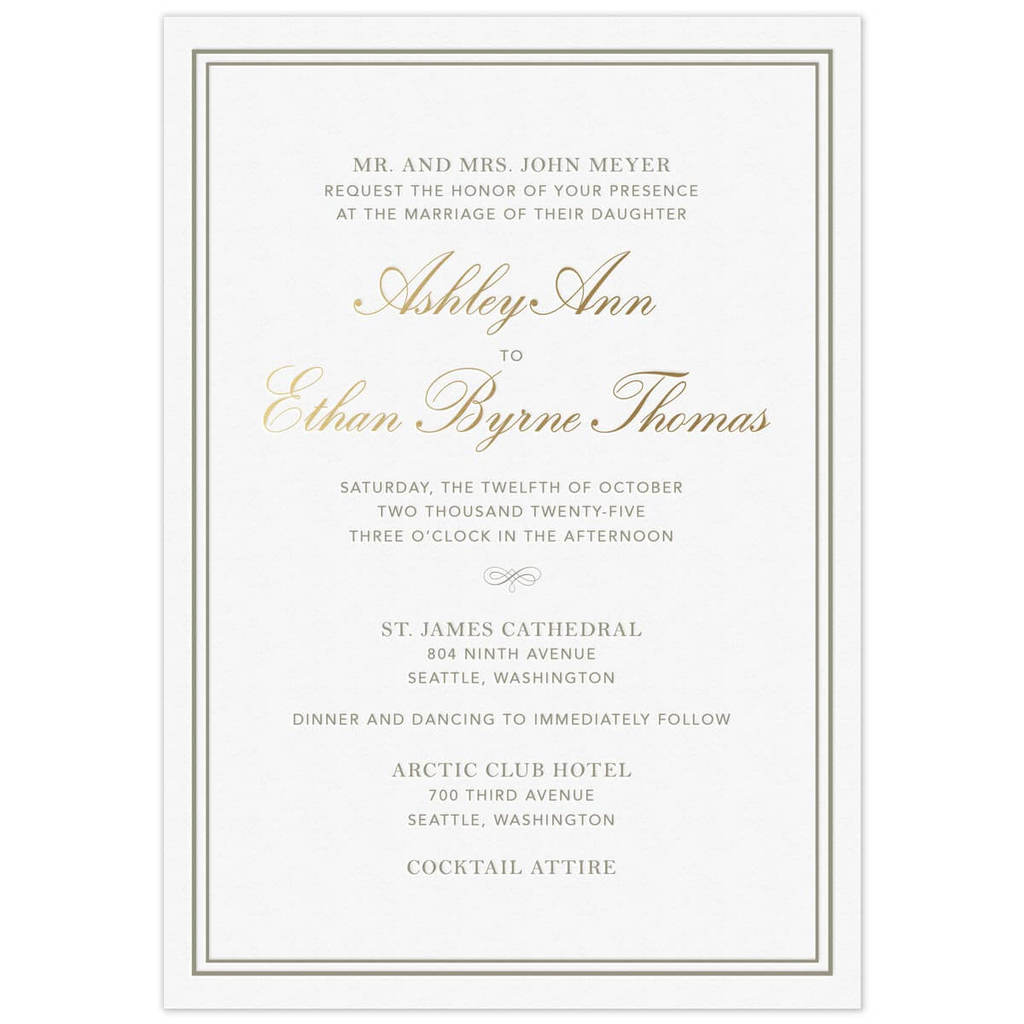 Simple invitation with a double line border. Block pewter and gold script font centered on the page.