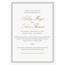 Load image into Gallery viewer, Simple save the date with a double line border. Block pewter and gold script font centered on the page.