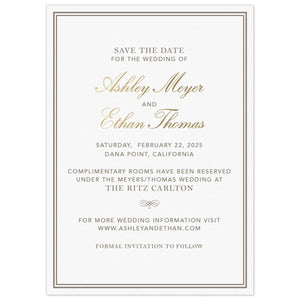 Simple save the date with a double line border. Block pewter and gold script font centered on the page.