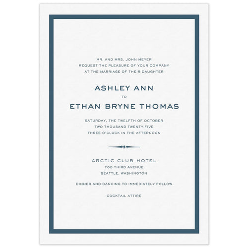 White card with thick navy blue line border. San serif fonts centered on the page. Decorative line flourish separating lines of type.