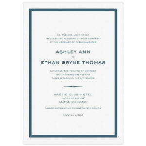 White card with thick navy blue line border. San serif fonts centered on the page. Decorative line flourish separating lines of type.