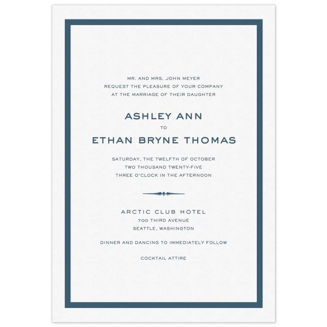 White card with thick navy blue line border. San serif fonts centered on the page. Decorative line flourish separating lines of type.